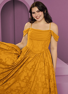 Barbie ♥ Azazie Bridesmaid Dresses Butterscotch A-Line Off the Shoulder Floral Burnout Convertible Dress image9