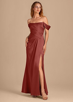 Azazie Shea Bridesmaid Dresses Terracotta Mermaid Off the Shoulder Metallic Satin Convertible Dress image1
