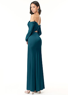 Azazie Hallie Vestidos de damas de honor Vestido de Azul Tinta de Satén Elástico de Corte Recto Convertible con Manga larga con hombros descubiertos image6