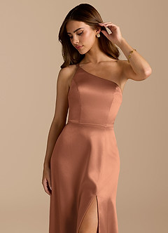 Azazie Trina Bridesmaid Dresses Bronzer A-Line One Shoulder Metallic Satin Dress image7