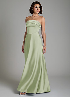 Azazie Odele At-home Try On Dresses Dusty Sage A-Line Strapless Stretch Satin Dress image5