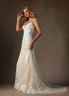 Azazie Salina Vestidos de novia Vestido de Blanco Diamante Champán de Tul de Corte Sirena con Corazón Lentejuelas image4