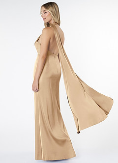 Azazie Kaylani Vestidos de damas de honor Vestido de Champán de Satén Elástico de Corte Sirena con Cuello Alto image4