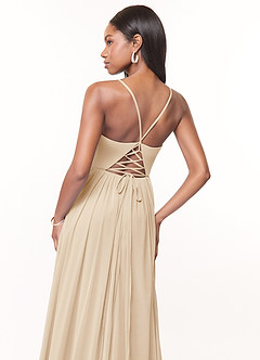 Azazie Marsol Bridesmaid Dresses Champagne A-Line Corset Mesh Dress image4