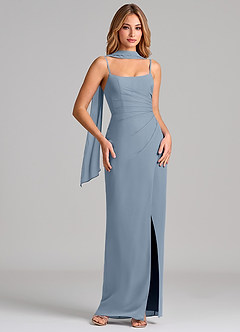 Azazie Calandra 신부 들러리 드레스 쉬스 주름진 쉬폰 바닥 길이 드레스 image1