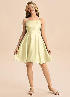 Azazie Miko Junior Vestido de Sorbete De Limón de Satén Elástico de Corte en A con Plisado image5