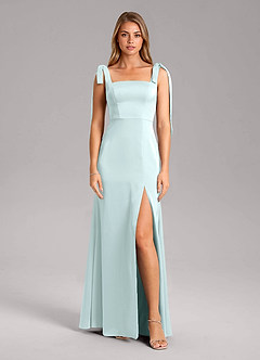 Azazie Frostine Bridesmaid Dresses Sea Glass A-Line Bow Stretch Satin Dress image5