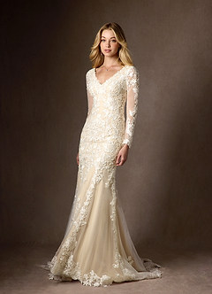 Azazie Dulce Amor Vestidos de novia Vestido de Blanco Diamante Champán de Tul de Corte Sirena con Encaje Cuello V image7