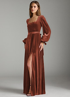 Azazie Leonia Bridesmaid Dresses Terracotta A-Line Long Sleeve Velvet Dress image5
