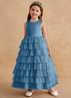 Azazie Twinkle Toes vestidos de niña de las flores Vestido de Azul Acero de Tul de Corte En A con Lazo image2