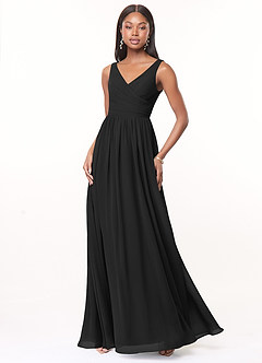 Azazie Keyla Bridesmaid Dresses Black A-Line V-Neck Pleated Chiffon Dress image1