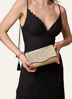 front Matching Color Pleated Metallic Satin Envelope Clutch