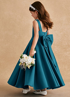 Azazie Honey Bear Flower Girl Dresses Ink Blue A-Line Pleated Matte Satin Dress image4