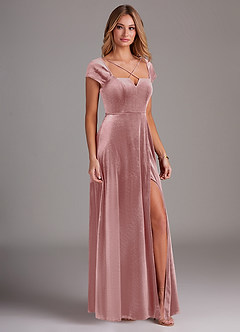 Azazie Gabi Vente Finale Robe Trapèze en velours Fente Latérale Rose Poussiéreuse image6