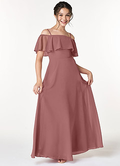 Azazie Maggie Junior Desert Rose A-Line Off the Shoulder Chiffon Dress image1