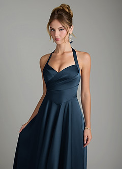 Azazie Tenaya Bridesmaid Dresses Dark Navy A-Line Sweetheart Neckline Stretch Satin Dress image3