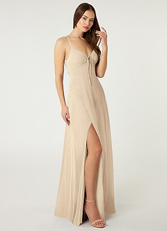 Azazie Minie Bridesmaid Dresses Champagne A-Line Bow Chiffon Dress image4