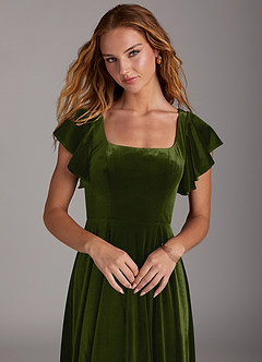 Azazie Bondi Robes de demoiselle d'honneur Robe Trapèze en velours Fente Latérale Olive image3