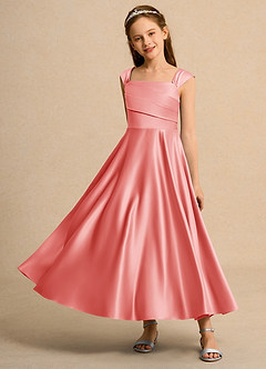 Azazie Bundle Junior Formal Flower Girl Dresses Coral A-Line Pleated Matte Satin Dress image6