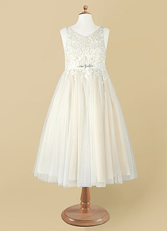 Azazie Minka Flower Girl Dresses Diamond White Champagne A-Line Lace Tulle Dress image8