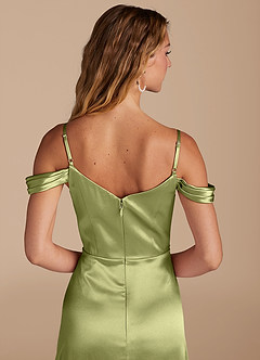 Azazie Ocean Bridesmaid Dresses Pistachio A-Line Off the Shoulder Metallic Satin Dress image5