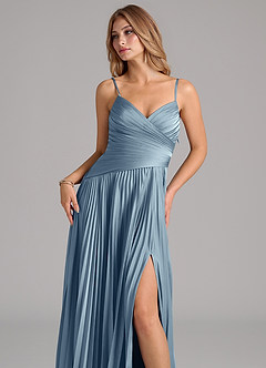 Azazie Vini Kleider zum Anprobieren zu Hause A-Linie Plissee Stretch-Satin Kleid Staubblau image2
