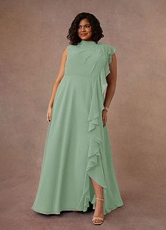 Azazie Narine Mother of the Bride Dresses Agave A-Line High Neckline Pleated Chiffon Dress image10