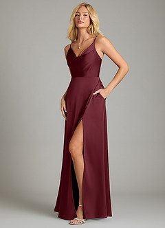 Azazie Sarella Vestidos de damas de honor Vestido de Cabernet de Satén Elástico de Corte en A con Plisado image5