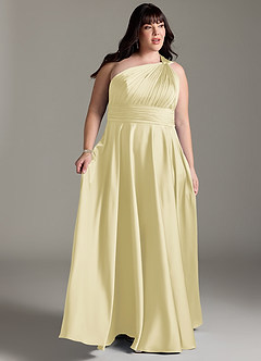 Azazie Charlize Bridesmaid Dresses Lemon Sorbet A-Line One Shoulder Stretch Satin Dress image11