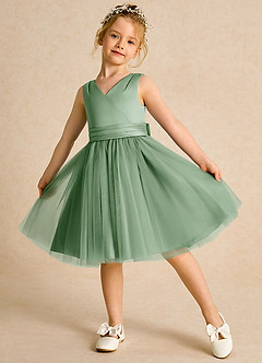 Azazie Tadpole Flower Girl Dresses Matcha A-Line Pleated Matte Satin Dress image4