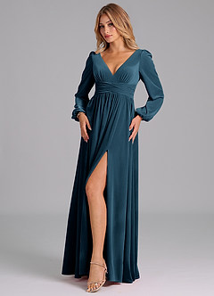 Azazie Norah Bridesmaid Dresses Blue Topaz A-Line Long Sleeve Velvet Dress image4