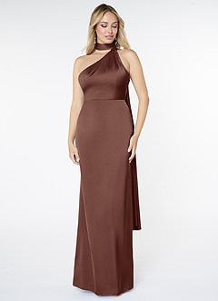 Azazie Kaylani Bridesmaid Dresses Espresso Mermaid High Neck Stretch Satin Dress image1