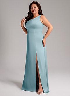 Azazie Phaedra Bridesmaid Dresses Moody Blue A-Line One Shoulder Stretch Satin Dress image12