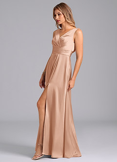 Azazie Karina Bridesmaid Dresses Rose Gold A-Line Pleated Stretch Satin Dress image3