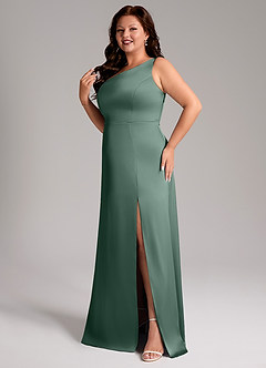 Azazie Phaedra Bridesmaid Dresses Eucalyptus A-Line One Shoulder Stretch Satin Dress image12