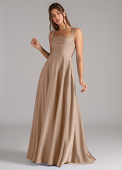 Azazie Shaude Bridesmaid Dresses Taupe A-Line Pleated Stretch Satin Dress image5