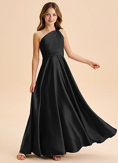 Azazie Charlize Junior Vestido de Negro de Satén Elástico de Corte en A con Plisado image5