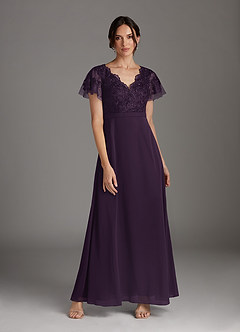 Azazie Singer Mother of the Bride Dresses Plum A-Line V-Neck Lace Chiffon Dress image1