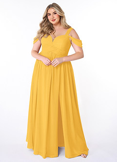 Azazie Lianne Bridesmaid Dresses Marigold A-Line Off the Shoulder Chiffon Dress image7