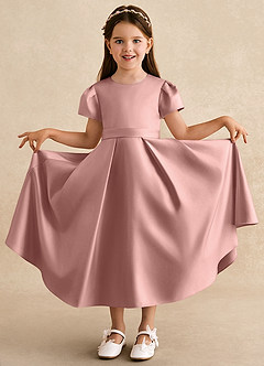 Azazie Princess Flower Girl Dresses Rose Gold A-Line Pleated Matte Satin Dress image3