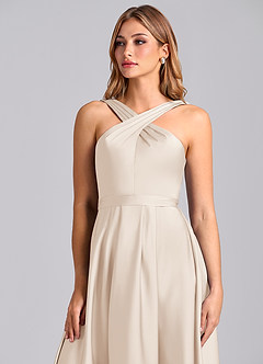 Azazie Dixie 신부 들러리 드레스 A라인 주름진 스트레치 새틴 바닥 길이 드레스 image6