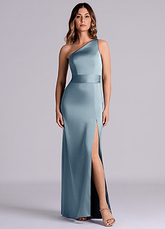Azazie Philana Bridesmaid Dresses Dusty Blue A-Line One Shoulder Stretch Satin Dress image8