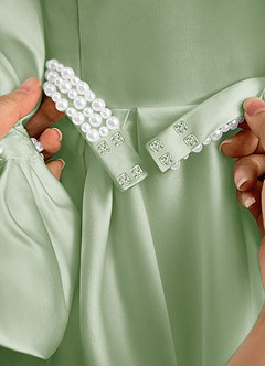 Azazie Gabriella Flower Girl Dresses Dusty Sage Ball-Gown with Sleeves Matte Satin Dress image7