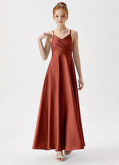 Azazie Avelina Junior A-Linie Plissee Stretch-Satin Kleid Terrakotta image4