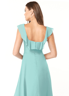 Azazie Jinny Bridesmaid Dresses Aqua A-Line Square Neckline Ruched Chiffon Dress image6