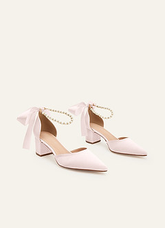 front Matching Color Matte Satin Pearl and Bow Pointed Toe Block Heels