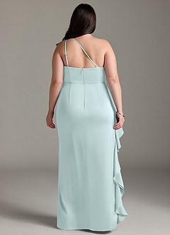 Azazie Latrice Bridesmaid Dresses Sea Glass Sheath One Shoulder Cascading Ruffles Stretch Satin Dress image7