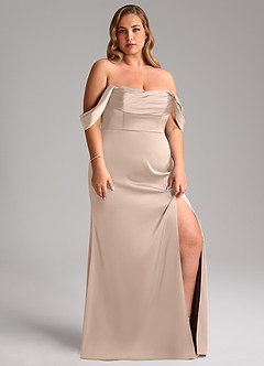 Azazie Saige Vestidos de damas de honor Vestido Rosa Inglesa de Satén Elástico de Corte Recto con Hombros descubiertos image14