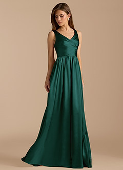 Azazie Keyla Bridesmaid Dresses Pine A-Line Pleated Metallic Satin Dress image4