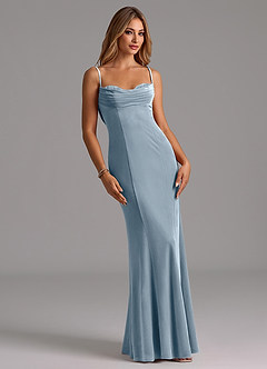 Azazie Karryn Vestidos de damas de honor Vestido de Azul Polvoriento de terciopelo de Corte Sirena con Corsé image1